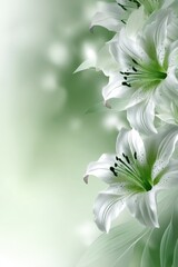 A soft focus display of exquisite white lilies against a delicate sage green backdrop.