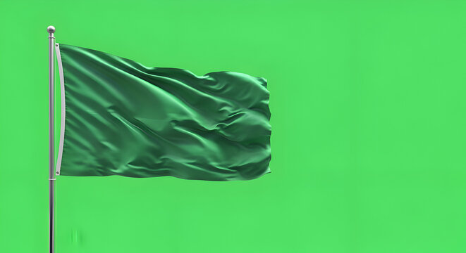 Green Flag Waving Against Green Screen Background.
