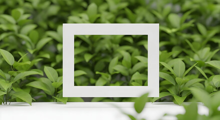 White Frame on Green Leafy Background for Product Mockup