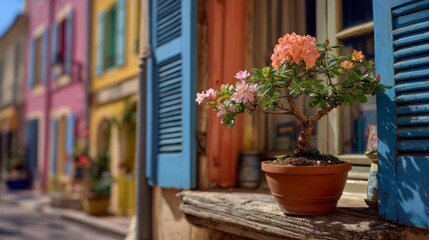 Colorful buildings window with flowers