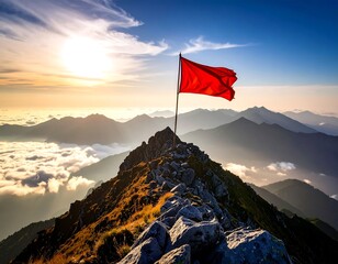 Red flag atop mountain peak at sunrise