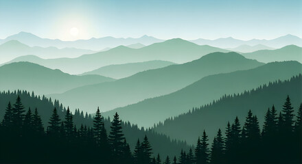Naklejka premium Green Mountain Range with Silhouetted Forest and Rising Sun Illustration