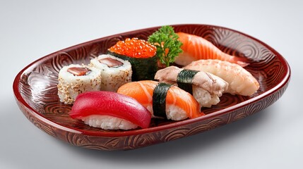 Diverse sushi arrangement on decorative, patterned dish with various fish toppings
