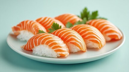Salmon nigiri sushi on a plate, vibrant orange fish atop white rice, garnished
