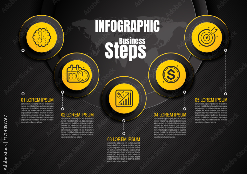 Canvas Prints 5 step infographic design in black yellow colors, business timeline and workflow layout for presenta