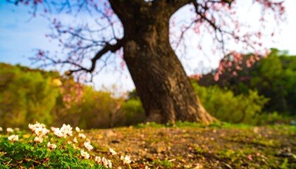 Spring blossoms around a large tree