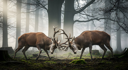 Fighting Brown Deer with Antlers in Foggy Forest
