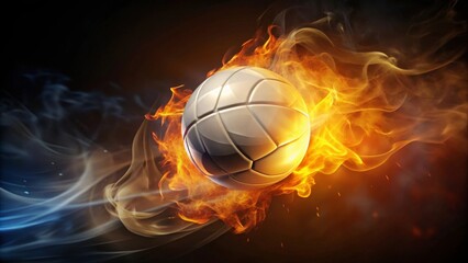 Naklejka premium Fiery Volley A Dynamic Image of a Ball Enveloped in Blazing Flames and Swirling Smoke, Representing Intense Competition and Unbridled Passion