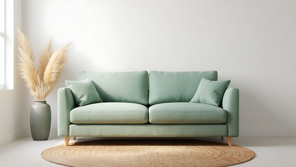 Cozy mint green sofa in a minimalist living room with pampas grass