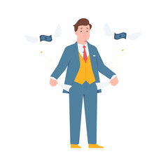 Worried poor broke businessman showing empty pockets with money flying away, financial loss, bankruptcy concept illustration