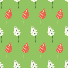 Playful seamless leaf pattern on green background