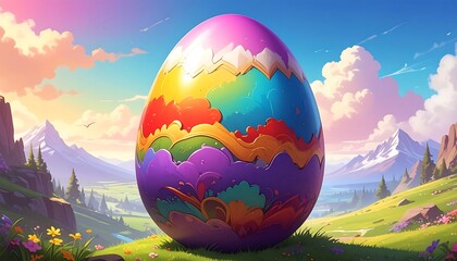 A vibrant, colorful egg sits amidst a serene mountain landscape, painted with hues of the rainbow.