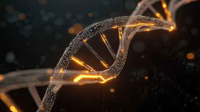 Digital representation of a glowing DNA helix as an electronic circuit board - Powered by Adobe