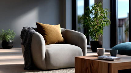 A modern plush armchair with a comforting throw and stylish cushions, strategically placed in a sunlit space, offering an inviting ambience for relaxation and quiet moments.
