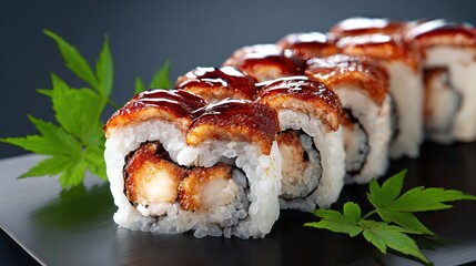 Array of eel sushi rolls with fried filling atop a glossy black serving plate