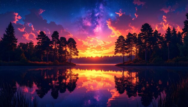 Sunrise over a serene lake. Vivid colors and reflections
