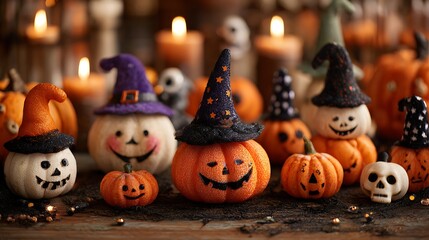 Funny spooky pumpkins with charming scary grins, mini skulls, candles, and witch hats on orange