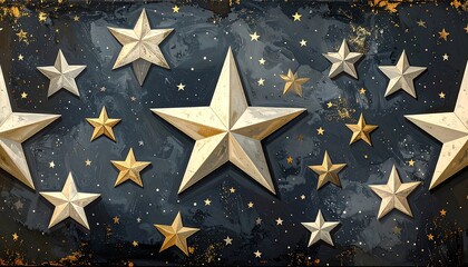 A captivating design featuring a multitude of golden and silver stars, arranged artfully on a dark backdrop, imbued with a sense of cosmic wonder.