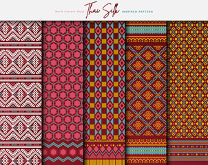 Set of 5 Colorized seamless background pattern. Inspired by North Eastern (Isaan) style Thai silk with traditional color tone.