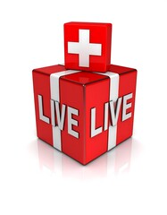 Red gift-like boxes stacked, showcasing the message "LIVE LIVE.