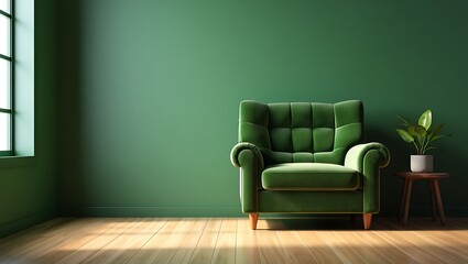 Cozy green armchair in a minimalist room with natural light