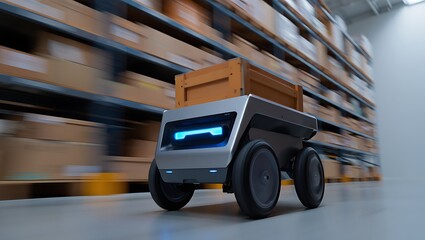 Autonomous robot moving boxes in a modern warehouse with blurred shelves