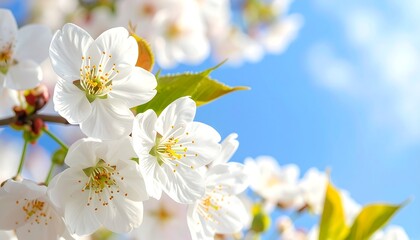Obraz premium Close up of beautiful white cherry blossoms blooming in spring against a bright blue sky.