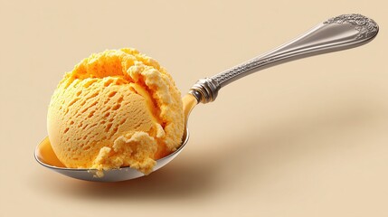 A single scoop of pale yellow ice cream on an ornate silver spoon
