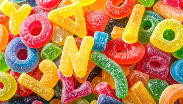 Assorted Sugared Jelly Candies in Bright Colors and Various Shapes Close Up Display