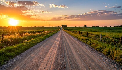 A gravel road stretches through a vibrant landscape at golden hour, bathed in the warm hues of a picturesque sunset.