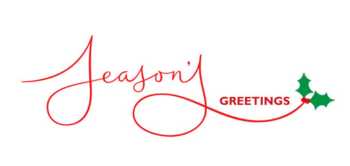 SEASON'S GREETINGS red and green vector brush calligraphy banner with holly motifs