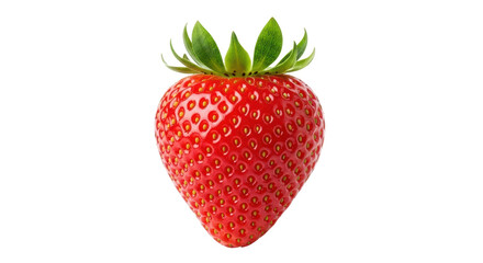 Isolated single strawberry, red fruit with green leaves, ready to eat, perfect for ads