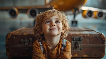 Fototapeta premium A happy young child with curly hair sits on vintage luggage looking up with wonder at an airplane anticipating a journey