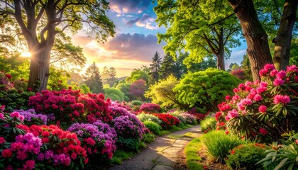 Obraz premium A vibrant garden path winds through a profusion of colorful rhododendrons bathed in the warm light of a beautiful sunrise.