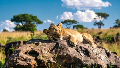 Lioness resting on a rock