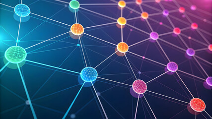 Colorful interconnected nodes forming a complex network structure on a dark blue background