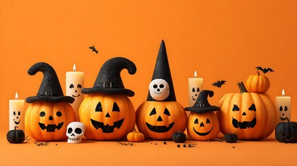 Friendly spooky pumpkins with silly scary smiles, mini skulls, candles, and witch hats on orange