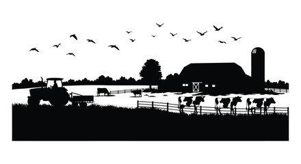 A serene farm landscape featuring a tractor barn cows and flying birds © AL-AMIN