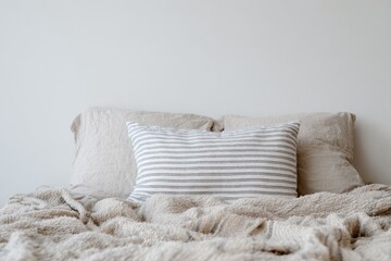 A beige bed with striped pillow