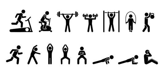 Stickman fitness and gym workout icons set. Vector silhouette pictogram of exercise, cardio, weightlifting, yoga, stretching, running, push up, sit up, plank, pull up, kettlebell, training activities.