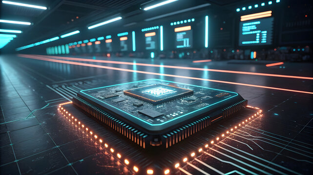 Futuristic CPU Microchip on Circuit Board with Neon Lights in a Tech Environment - Powered by Adobe