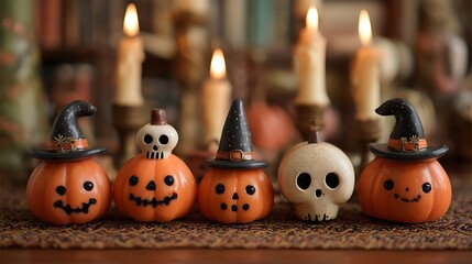 Adorable pumpkins with silly spooky grins, small skulls, candles, and witch hats on orange