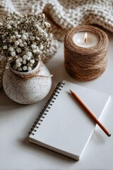 Fototapeta premium Cozy still life with candle, flowers, notebook and pencil