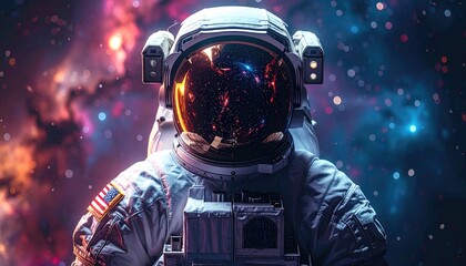 Astronaut Wearing Space Suit and Helmet with American Flag Patch Against Galaxy Background with Stars and Cosmic Dust Reflecting in Visor