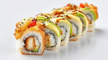Row of sushi rolls with avocado, fried toppings, and white rice, served in a line
