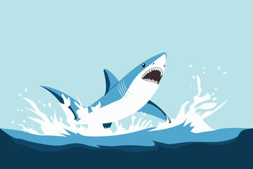 The shark burst out of the waves with a powerful leap, dramatic splash under the clear sky