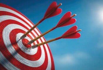Red heart-tipped arrows embedded in a target center against a vibrant blue sky