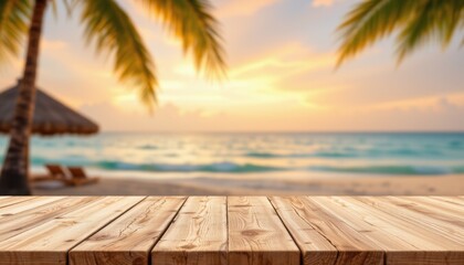 create a wooden table top image featuring a blurred tropical beach landscape on the left side, use dreamscape style and sunny peach tones to enhance the tropical feel