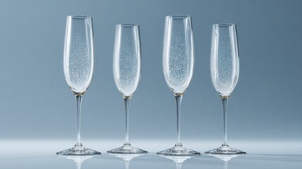Four champagne flutes, various sizes, in a row, on a light gray background, with a subtle golden shimmer inside