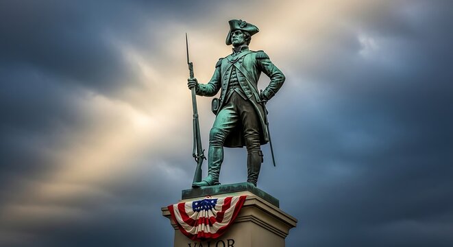 A historic bronze statue of an American Revolutionary War Minuteman soldier standing guard against a dramatic, stormy sky.